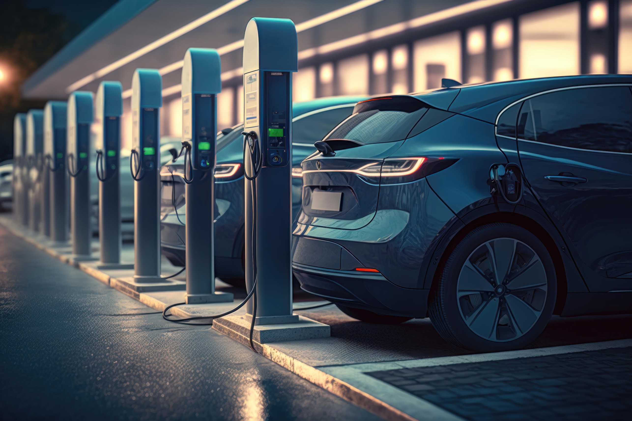 Electric vehicles docked and charging at mobility hub