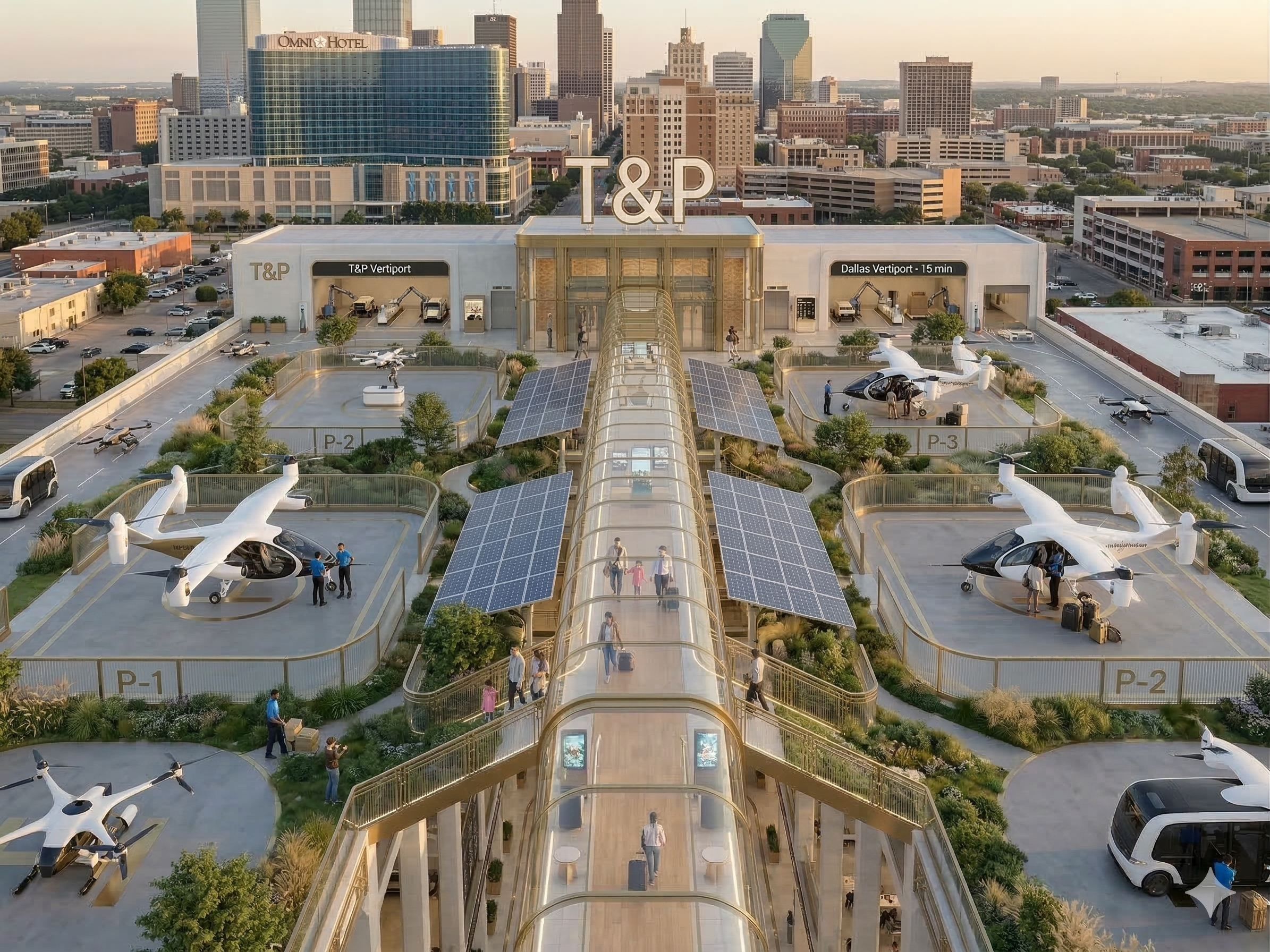 Rooftop vertiport with green landscaping — Phase 3 pilot operations